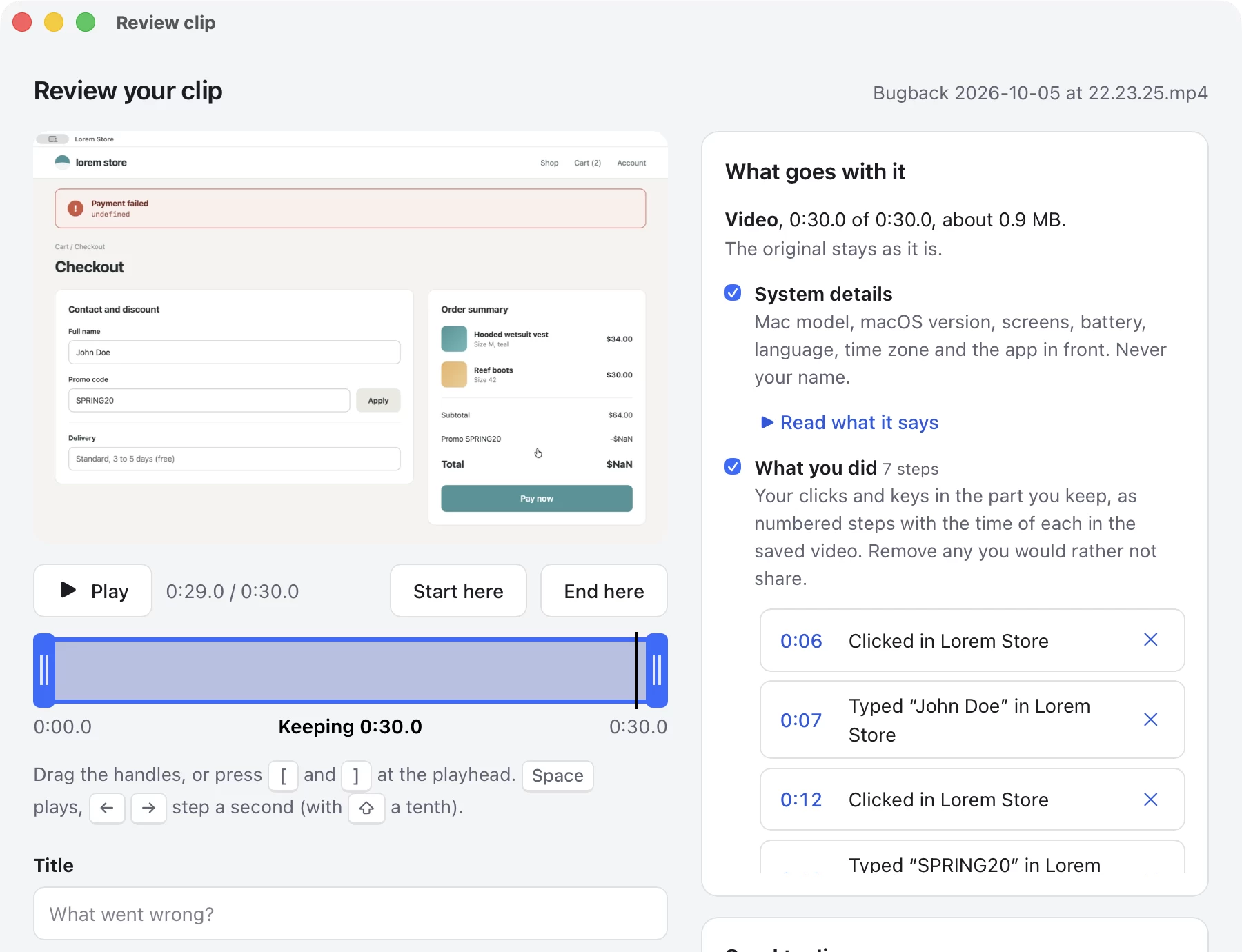 Bugback's review window: a clip of a checkout page that shows a total of NaN and a Payment failed message, a trim bar, and the other details of the clip.