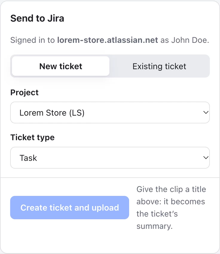 The Send to Jira panel in Bugback: new ticket or existing ticket, project and ticket type.
